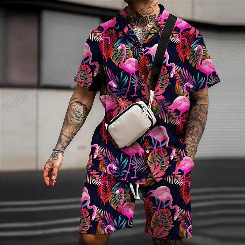 

Flamingo Hawaiian Shirt Set Flower 3d Print Shirt+Short 2PCS Beach Shirts Suit Men Women Fashion Vocation Tracksuit Men Clothing
