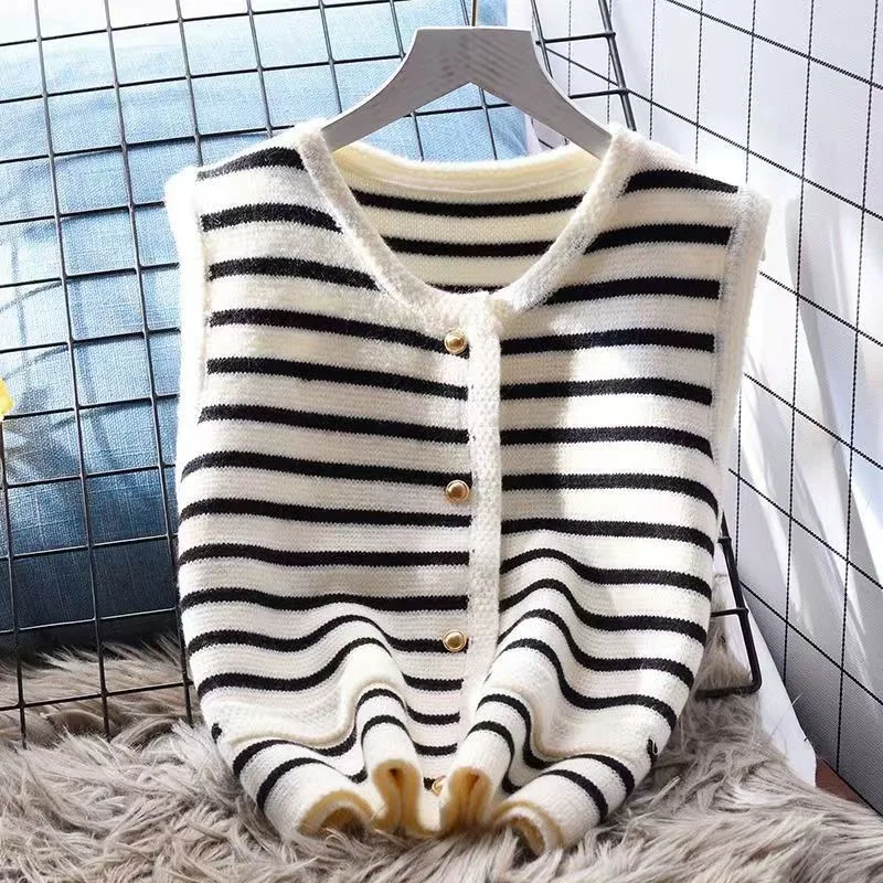 Black and white striped sleeveless knitted vest jacket for women\'s spring and autumn cardigan sweater and vest