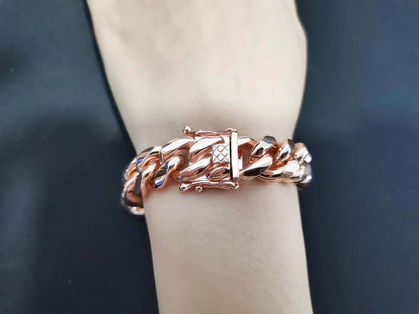 Granny Chic Rose Gold Tone Real 316L Stainless Steel Curb Cuban Link Chain Bracelet Bangle 14mm 7-11inch