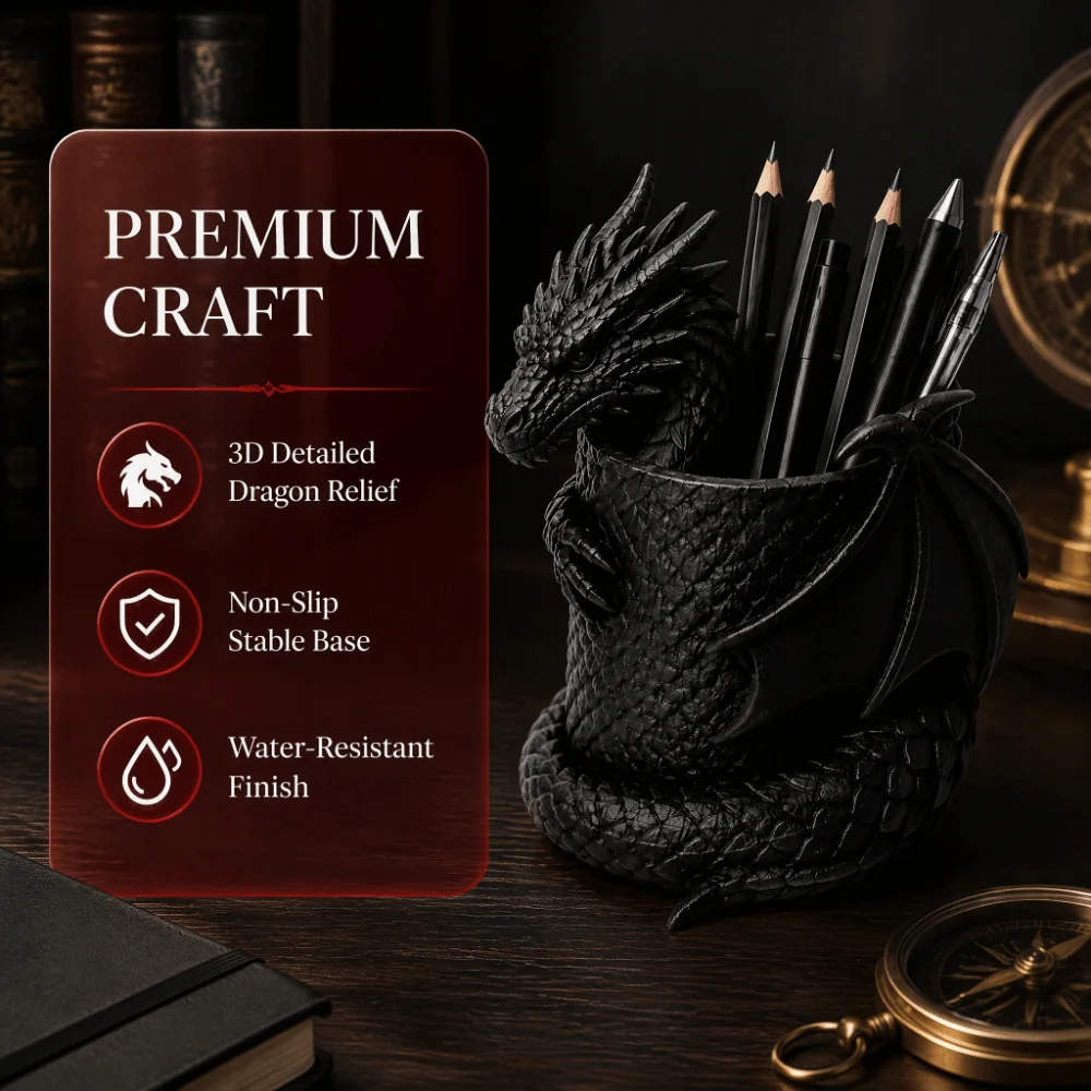 3D Printed Dragon Pen Holder Statue Realistic Gothic Black Makeup Brush Box Plastic Dark Style Stationery Holder School Desk