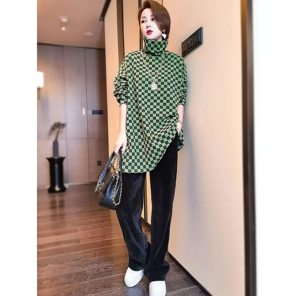 2023 Autumn New Women's Large High Neck Double Sided German Velvet Bottom Shirt with Medium Length Underlay Loose T-shirt