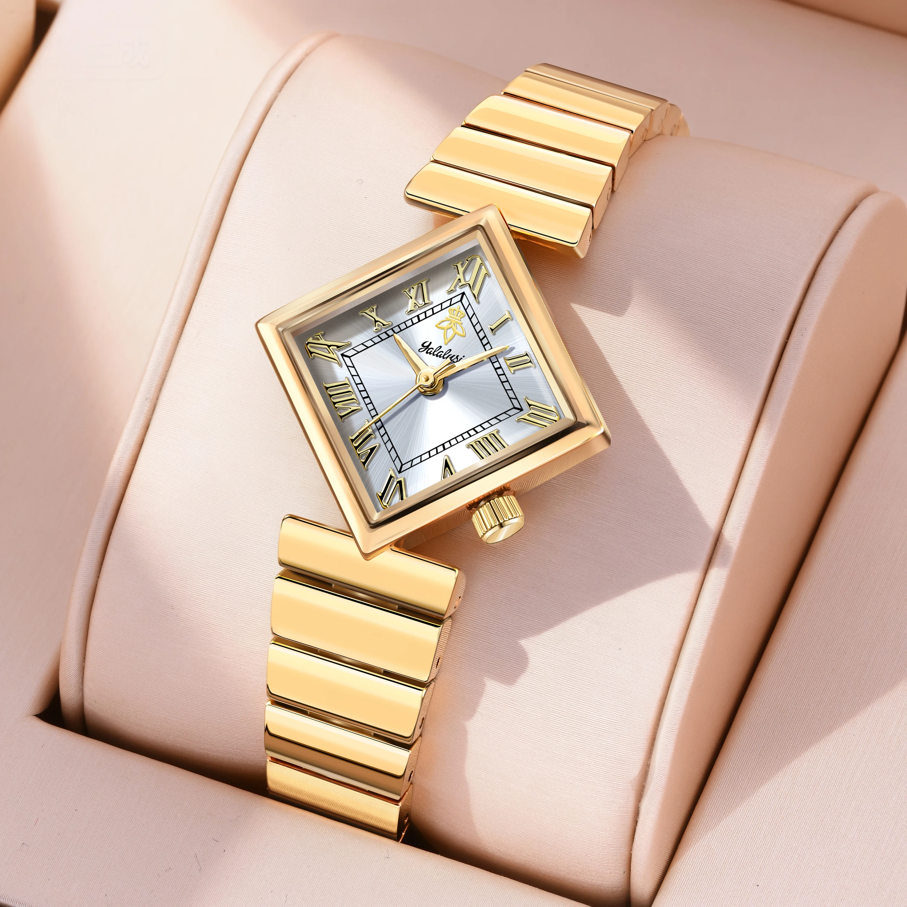 YaLaLuSi Small Square Silver Dial Women Watch Classic Roman Numerals Polished Solid Bamboo Link Bracelet Vintage Gold Waterproof Ladies Quartz Dress Wristwatch For Office Date Wedding