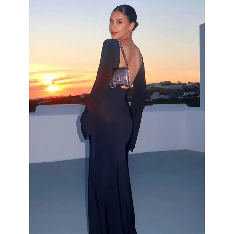 Vestido largo transparente sin espalda para mujer, elegante vestido de playa de cintura alta con manga larga empalmada blanca