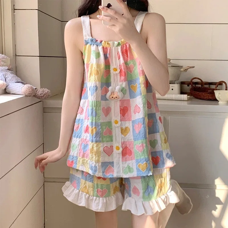 Women’s 2 Piece Camisole Pajamas Set Heart Print Summer New Shorts Loungewear Homewear With Chest Pad Kawaii Y2K Casual Homewear