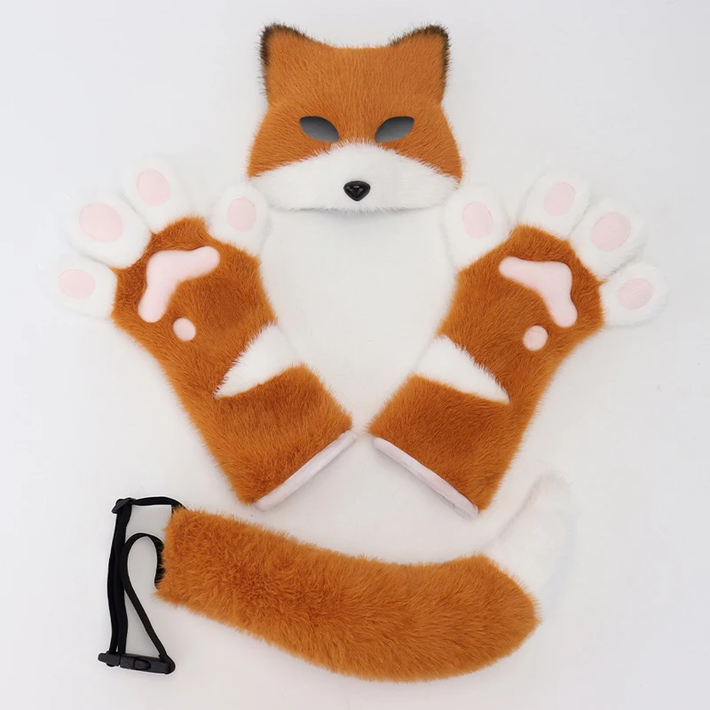 

Furry Fox Mask Halloween Tail Long Gloves Set Cats Mask Animal Tail Make-up Carnival Party Performance Cosplay Costume Props
