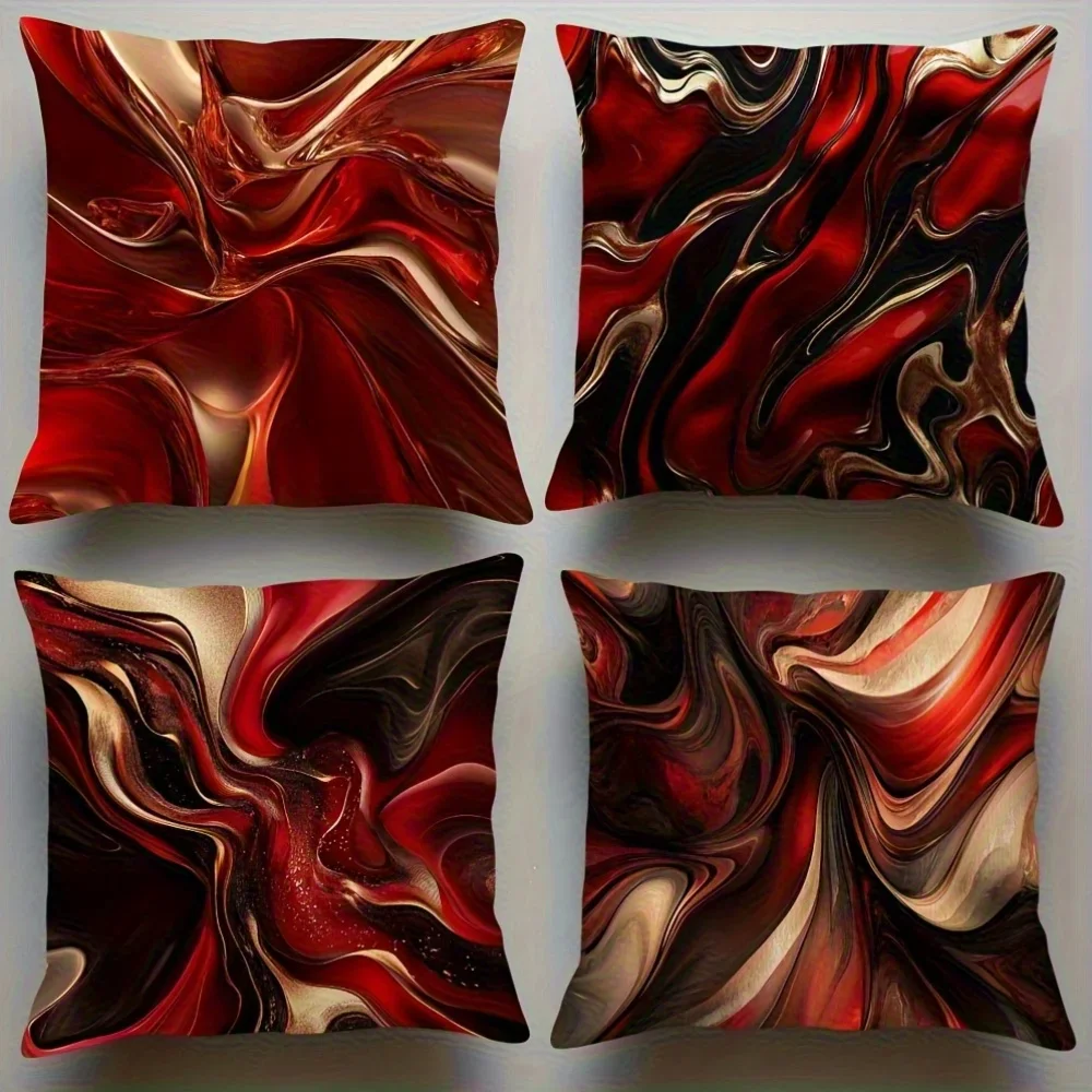 Set of 4 Decorative Throw Pillow Covers with Abstract Red and Gold Swirl Pattern for Living Room Decor