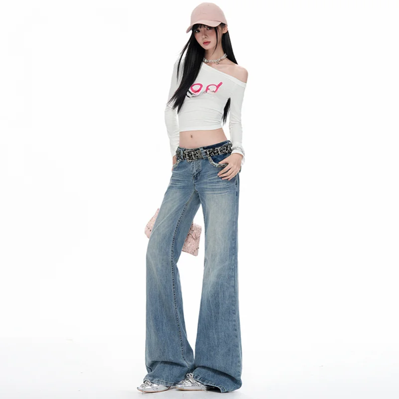 QICHE 2026 Early Autumn Women American Washed Bootcut Denim Pants, Low Rise Leopard Print Patchwork Slim Versatile Jean Trousers