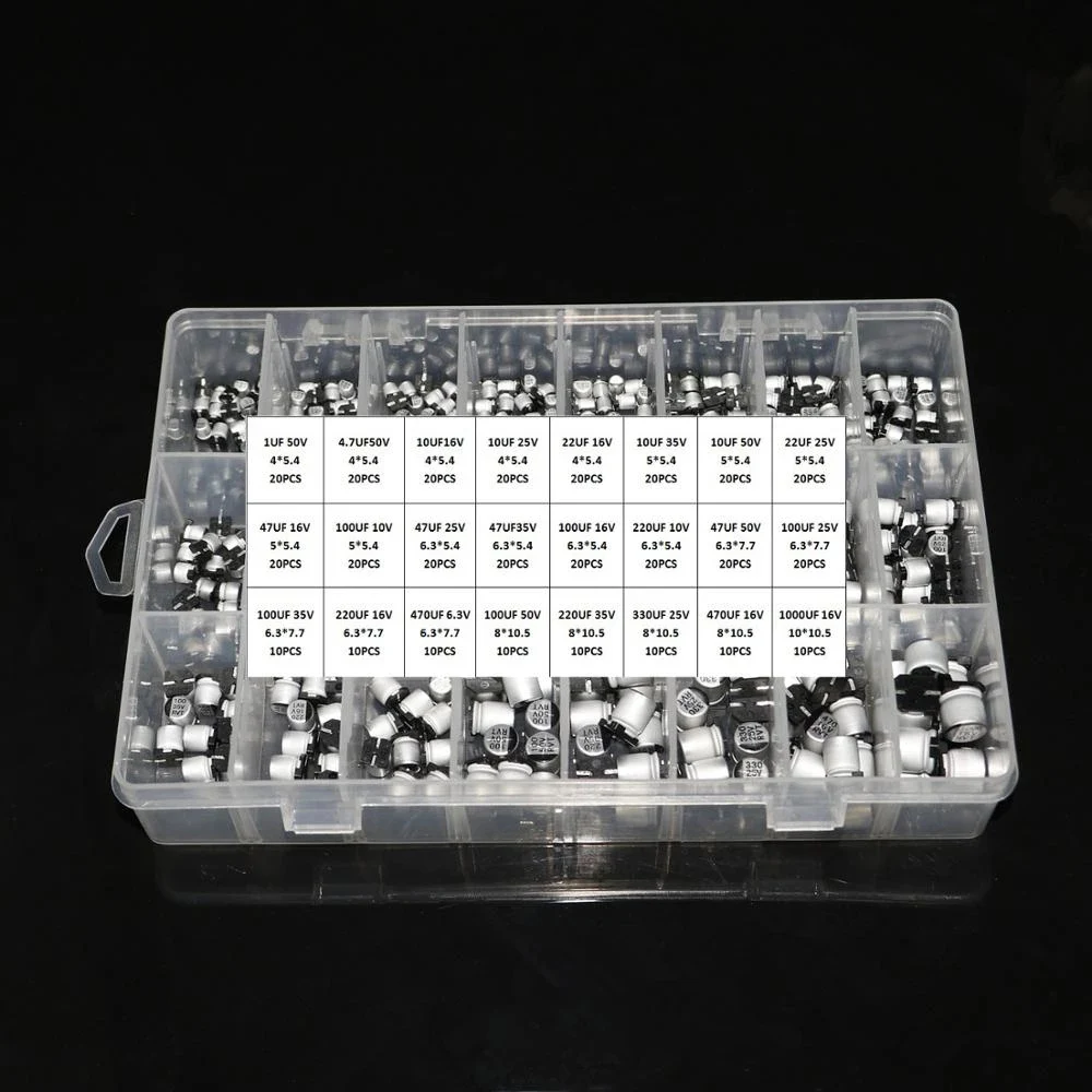 

1UF~1000UF 6.3V-50V 400Pcs 24Value SMD Aluminum Electrolytic Capacitors Assortment Kit