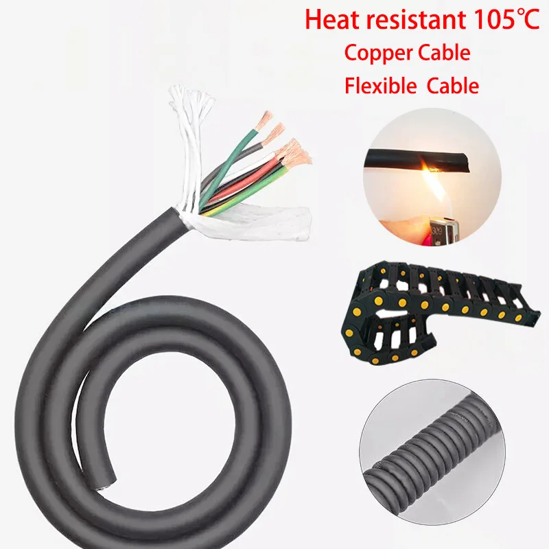 TRVV Copper Cable Heat Resistant 105℃ 26 24 22 20 18 17AWG 2/3/4/5/6/7/8Cores Oil Resistant Cable Black PVC Flexible Wire CNC