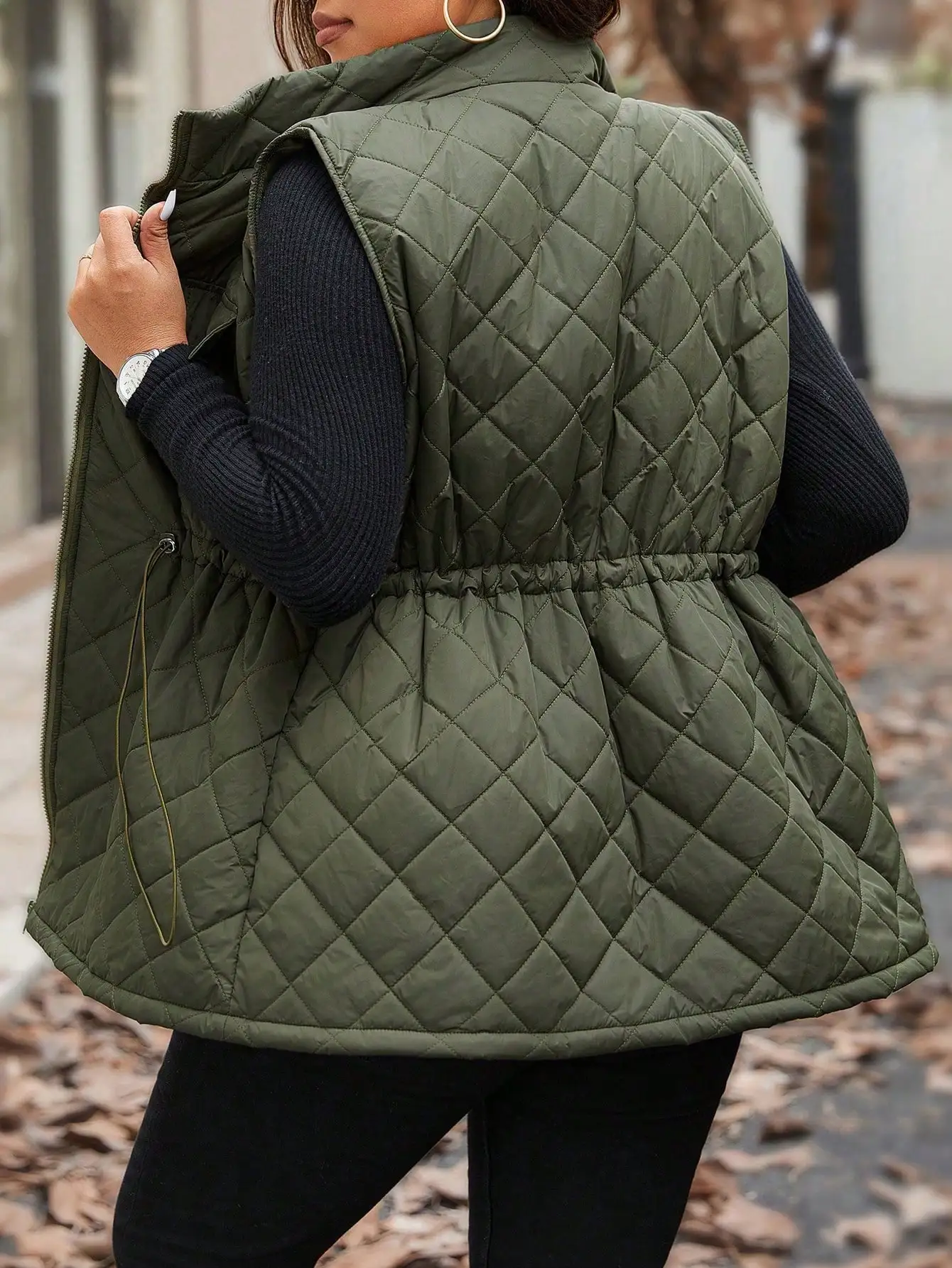 Kamizelka pikowana Calvaya Plus Size ze sznurkiem w talii i kieszeniami cargo, codzienna kurtka zimowa i jesienna dla kobiet