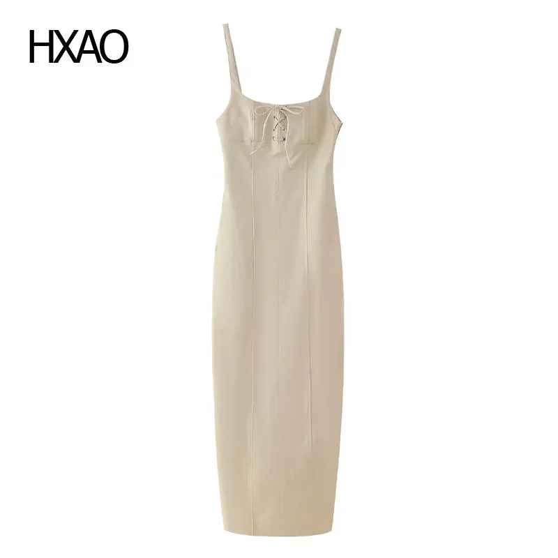 

HXAO 2024 Summer Women Slip Dress Square Collar With Cross Lace-up Sleeveless Sexy Beige backless Tight Long Dresses For Women