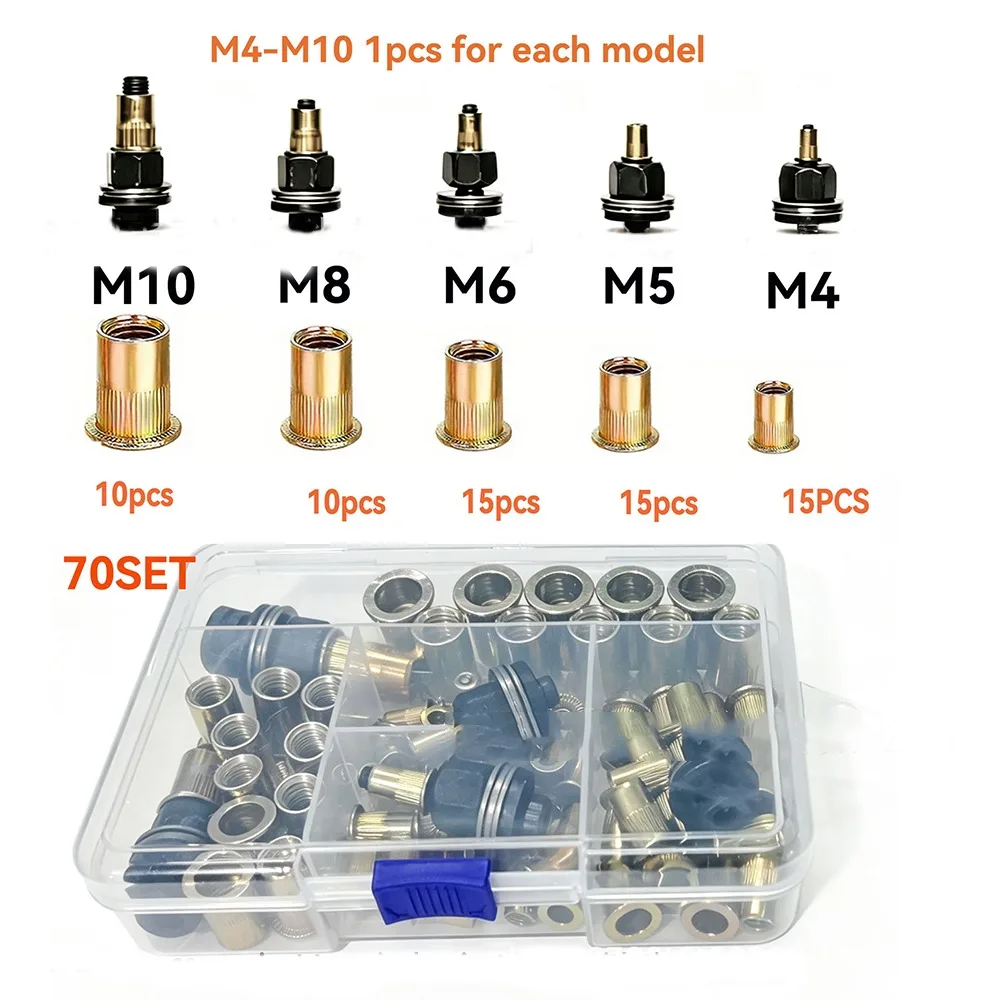 60/70 PCS Carbon Steel Rivet Nut Tool Threaded Head Rivet Nut Threaded Insert Tool Manual Rustproof Rivnut Kit
