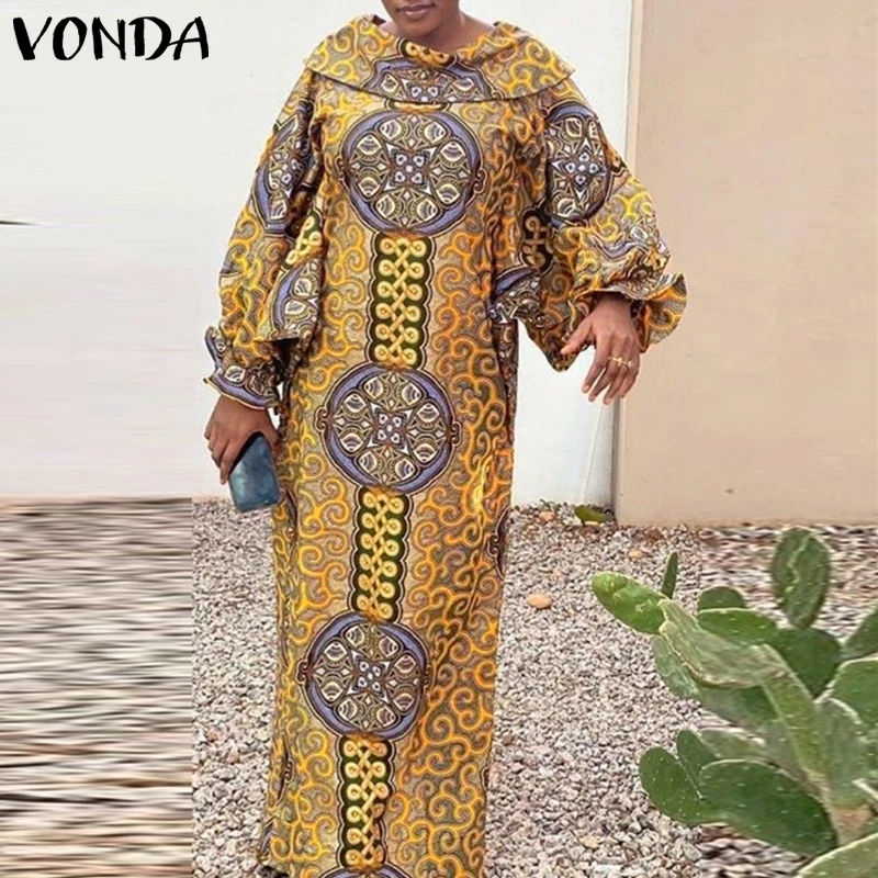 VONDA Sukienka Maxi w Stylu Boho Plus Size Damska Drukowana Sukienka Letnia Vintage Długi Rękaw Latarnia Stójka Vestido Casual Robe 5XL