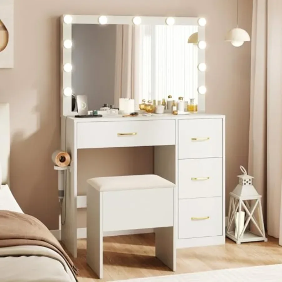 Makeup vanity desk with mirror and lights for bedroom use, MDF wood in white, adjustable 3-color LED lighting, modern design wi