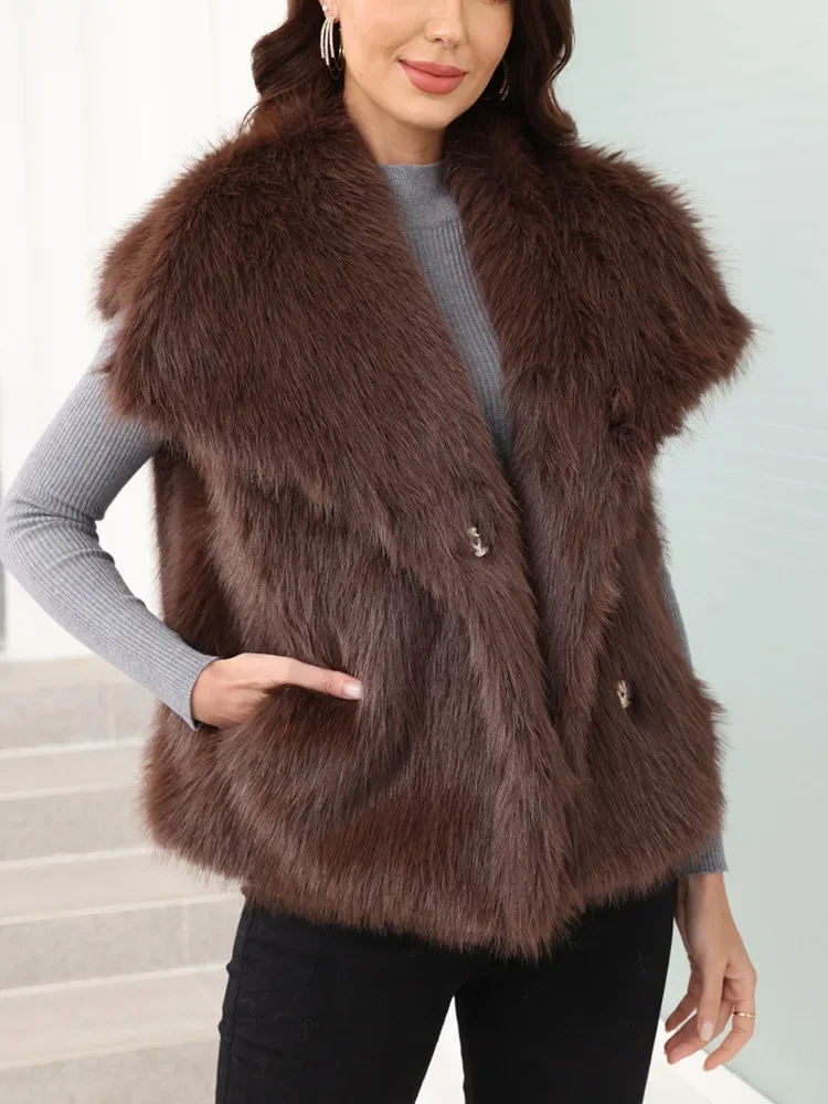Fashion Faux Fur Vest Coat For Women Turn Down Collar Sleeveless Covered Button Warm Tops Autumn New Tide 2025 New