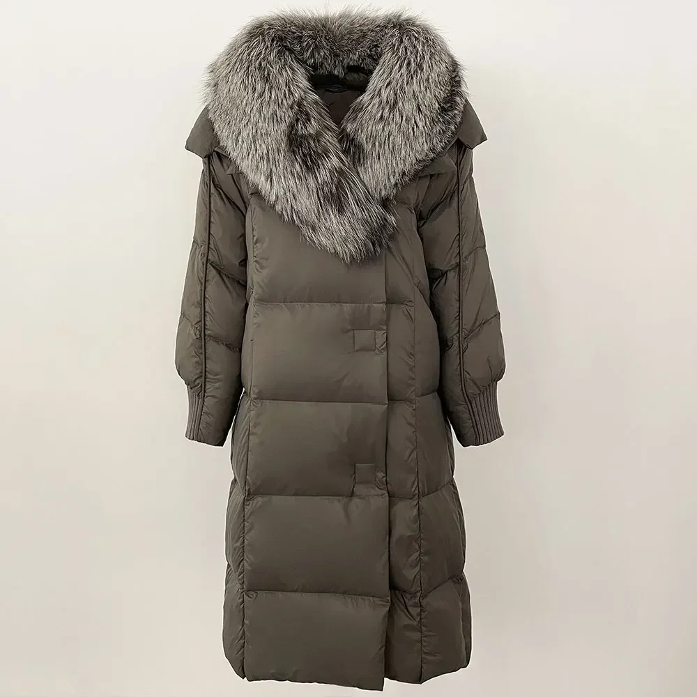 

New White Goose Down Jacket Long Natural Fur Coat Women Warm Outerwear European Winter Real Raccoon Fox Fur Collar Coat