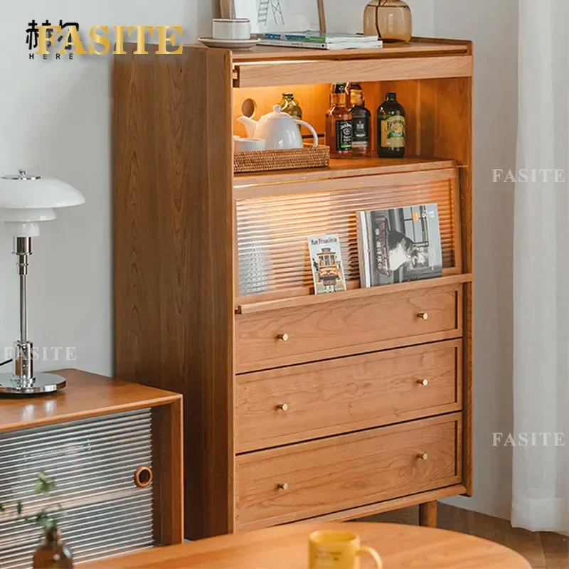 Nordic Solid Wood Side Cabinet Cherry Wood Dining Storage Locker Living Room Sofa Side Table Kitchen Cupboard for Museum