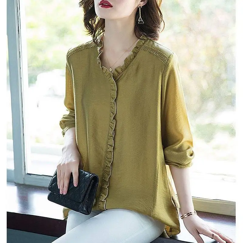 Simplicity Casual Women\'s Long Sleeve Shirt Spring Loose Fashion Spliced V-Neck All-match Solid Color Blouse Female Clothing