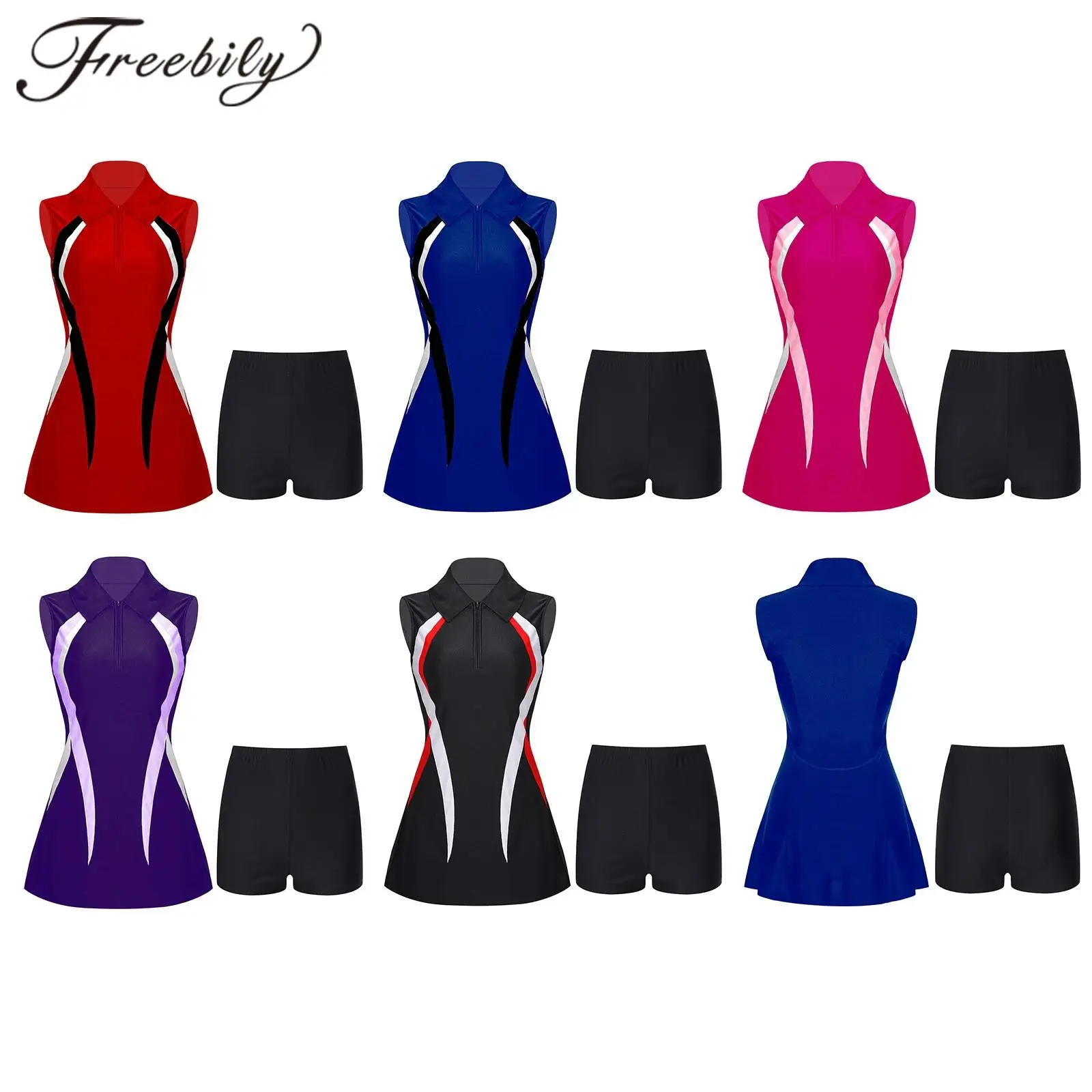 

Womens Tennis Dresss Badminton Golf Outfit Sportswear Outdoor Activities Sleeveless Zipper Athletic Dress with Shorts Sports Set