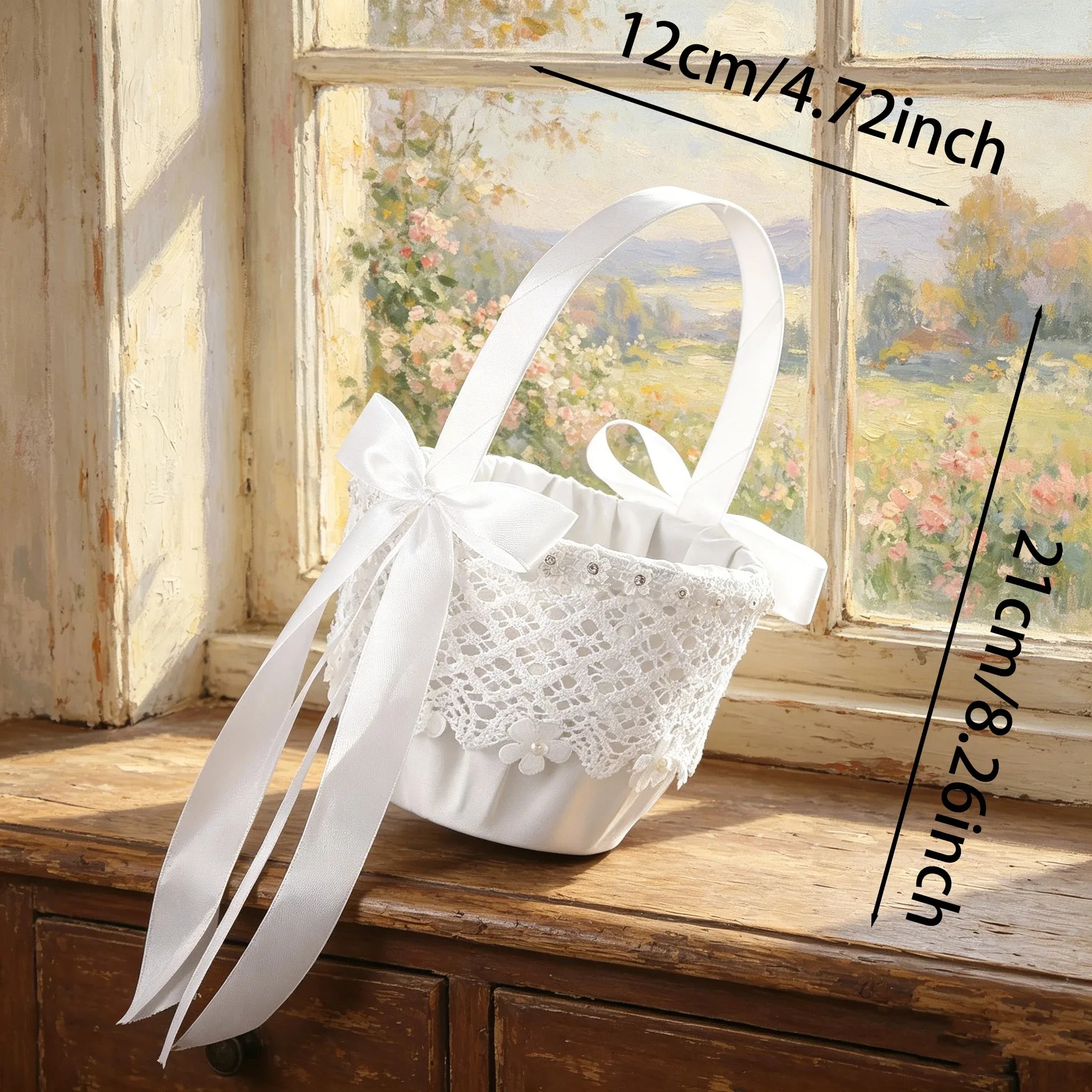 White Satin Handheld Basket  Trim, Pearl Floral Appliques,  Multi-Purpose Storage & Wedding Flower Girl Basket