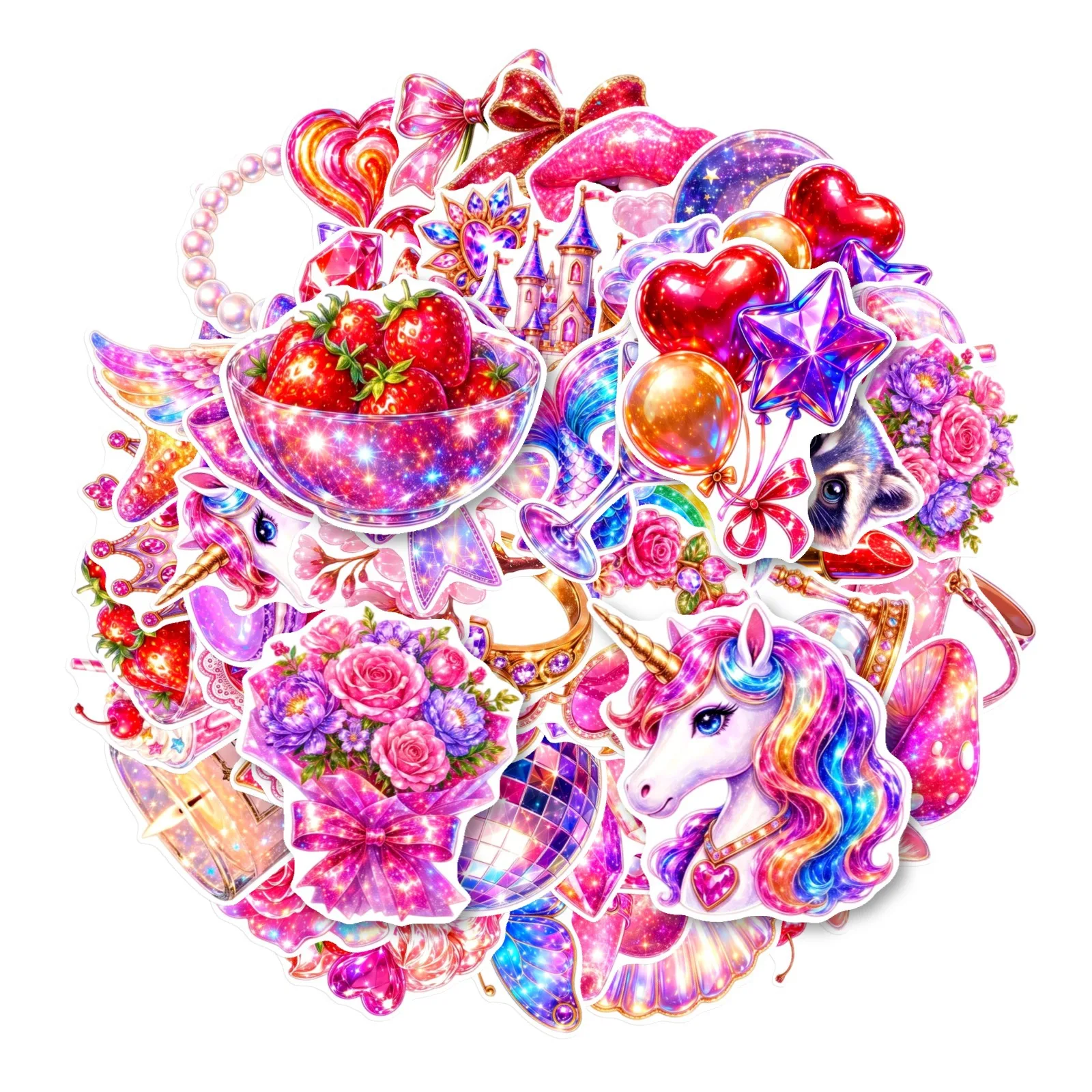 10/30/50pcs Glitter Pink Lips Unicorn Love Cake Crystal Decorative Stickers, Suitable for Accounts, Stationery, and DIY Creation