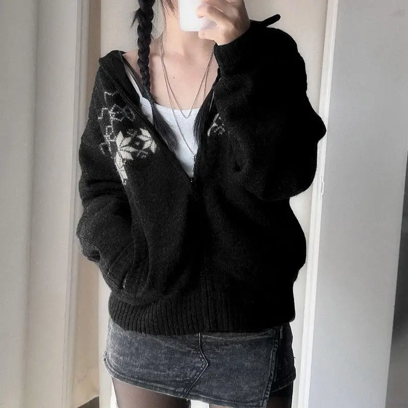 

Onalippa 2025 New Retro Ethnic Style Jacquard Casual Loose Hooded Sweater Lazy Versatile Pocket Woolen Jacket Top Women