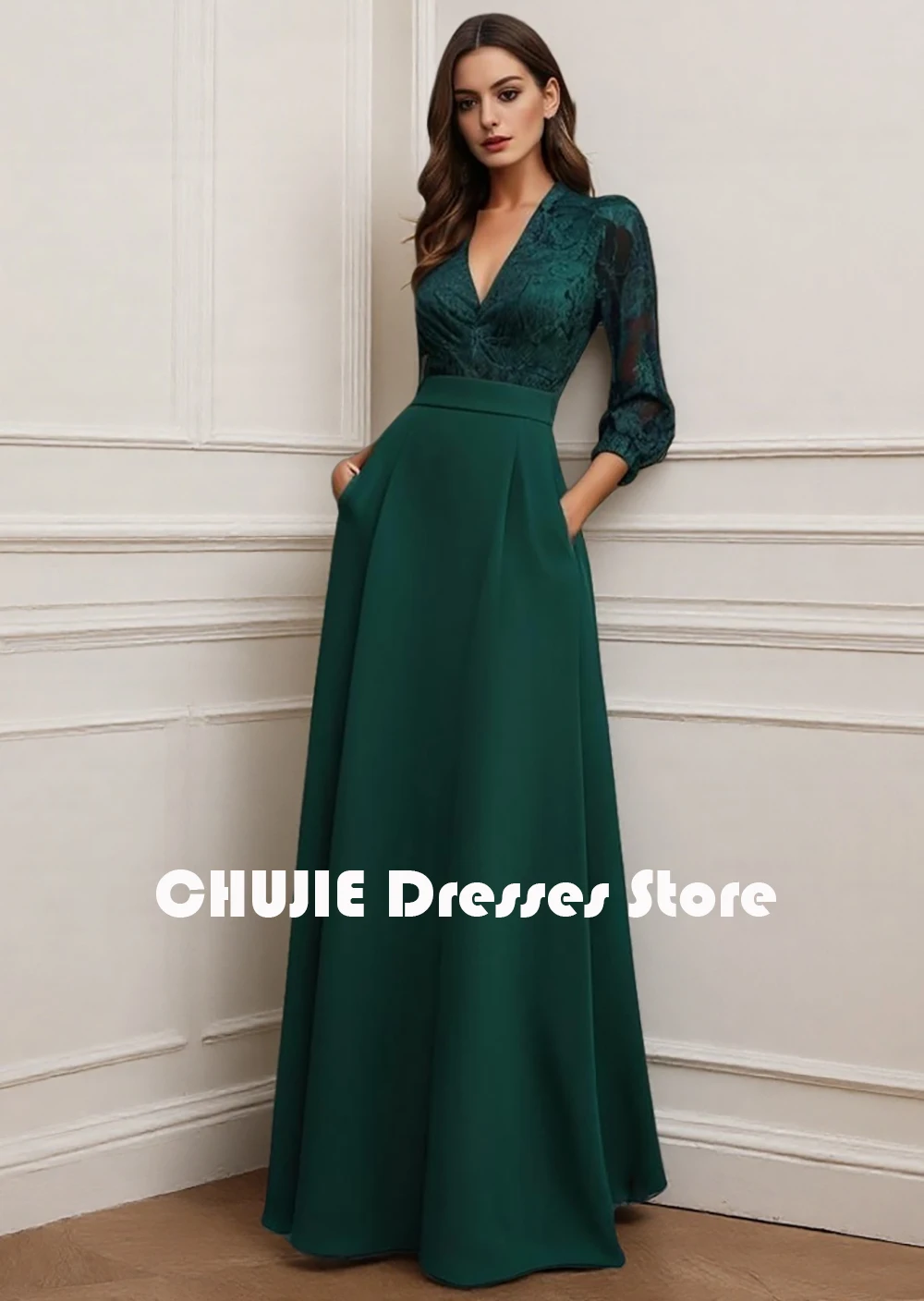 다크 그린 롱 슬리브 여성용 신부 어머니 드레스 V넥 롱 드레스 맞춤 웨딩 파티 이브닝 드레스 볼 가운