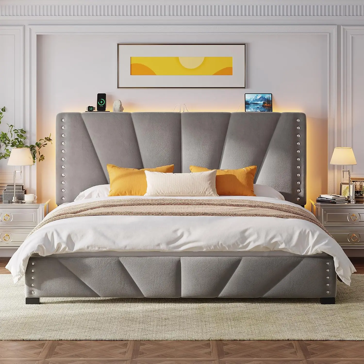 EnHomee King Bed Frame LED Light USB Charging Noise-Free Grey, Customized