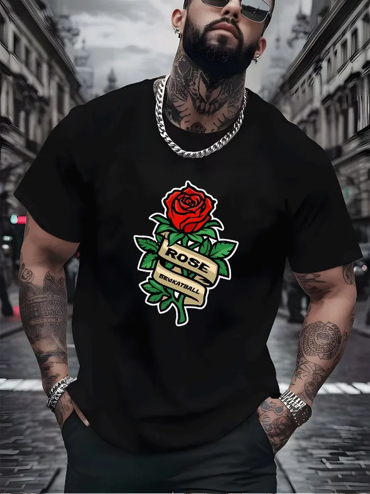 Men Summer Short Sleeve T Shirt Vintage Red Rose Banner Print Oversized Loose Streetwear Casual Fashion Male Daily Wear Top
