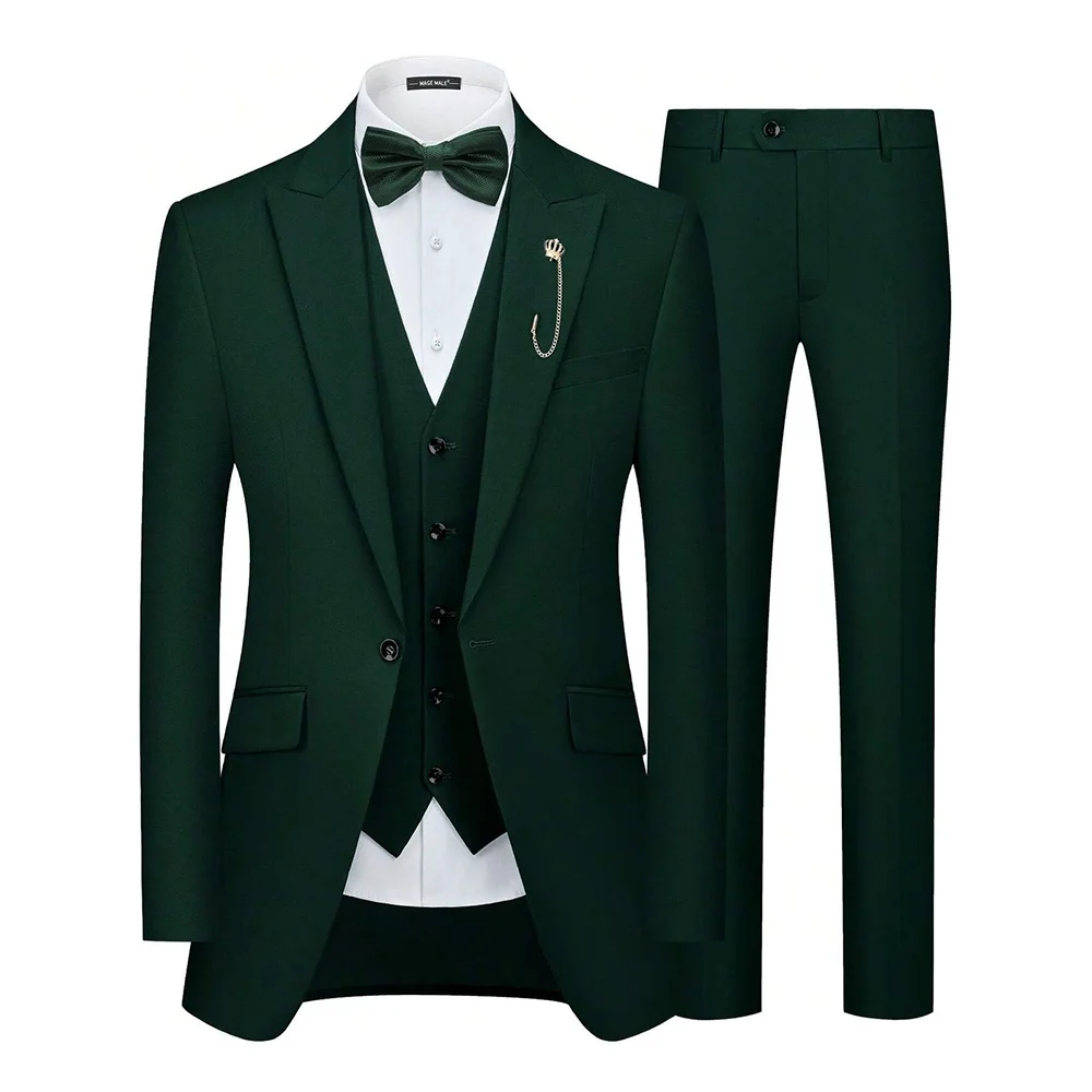 

Зеленый однобортный мужской костюм, смокинг для ужина, вечеринки, комплект из 3 предметов, куртка, брюки, жилет, официальная мужская одежда