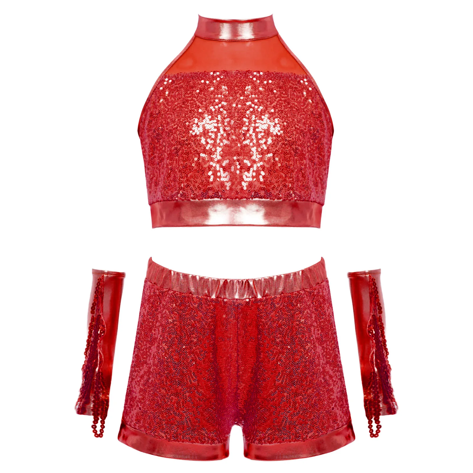 Kids Girls Jazz Cheerleading Uniform Cheerleader Costume Cha-cha Samba Modern Dance Outfits Set Crop Top with Shorts Gloves Set