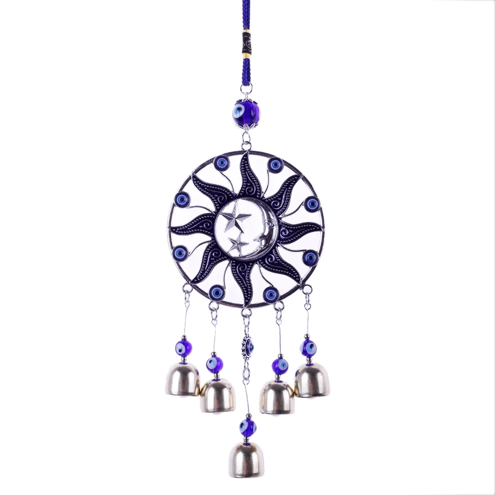 Turkiye Blue Eyes Alloy Sun Moon Pendant Dream Catcher Bell Charm Car Rearview Mirror Hanging Amulet Home Feng Shui Wall Decor