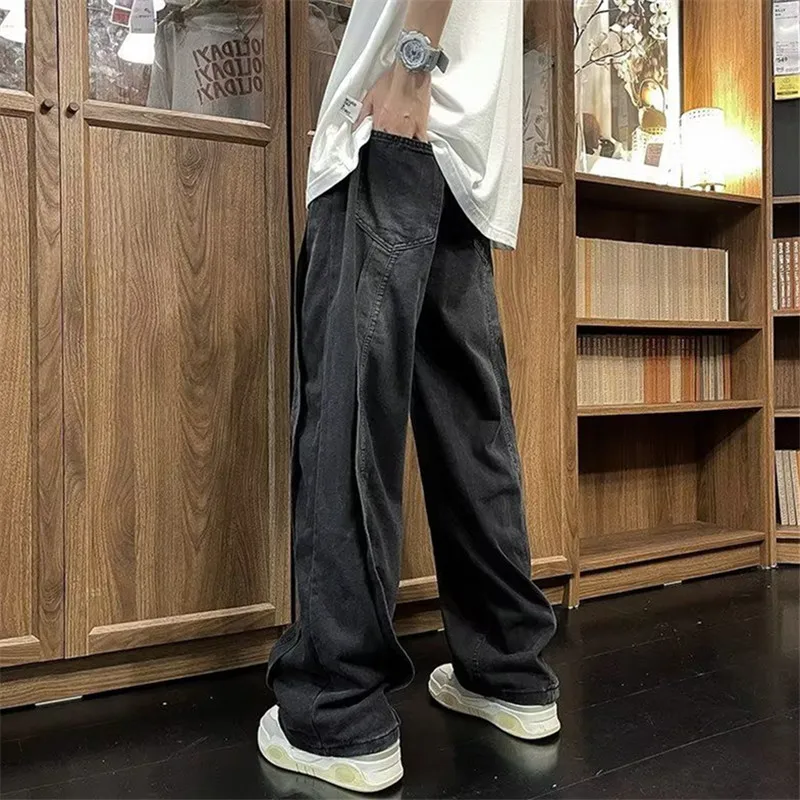 Jeans Men High Street Solid Color Elastic Waist Pocket Loose Wash Straight Pants Fashion Trousers A146