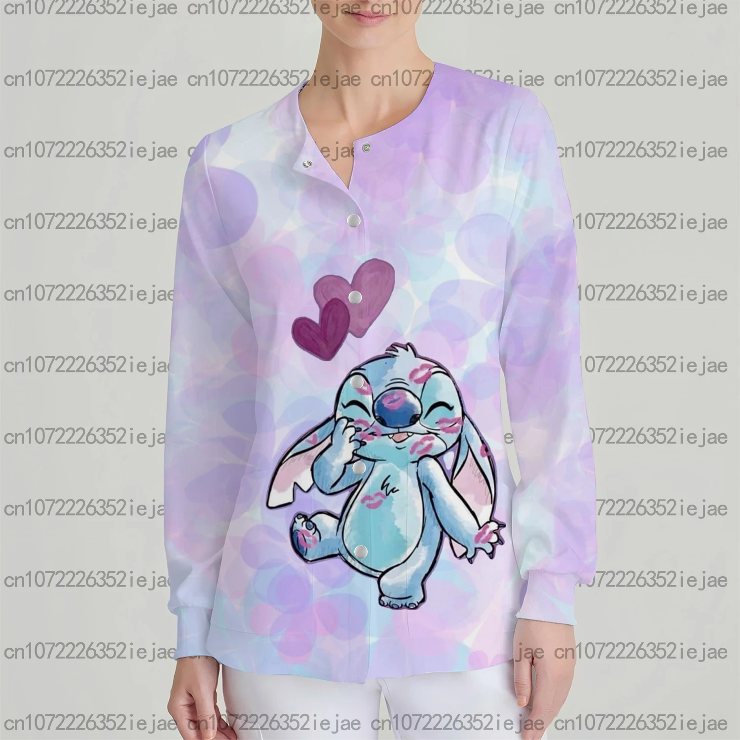 Abrigo de enfermera holgado informal con bolsillo y manga larga con estampado de Stitch de Disney para mujer, ropa de trabajo para dentista, bata quirúrgica, chaqueta exfoliante
