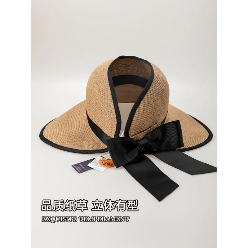 Half Island Holiday~JapanUVBig Brim Bow Visor Straw Hat Female Summer Outing Sunshade Foldable Fisherman Hat