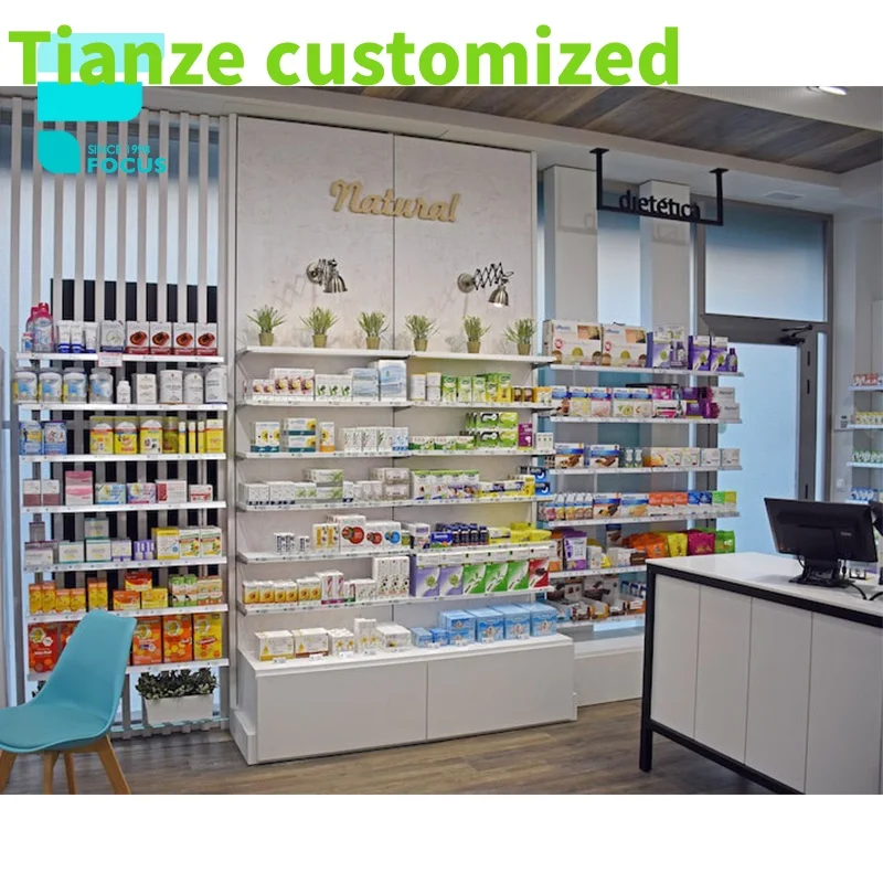 

Customized-Custom Medical Store Counter Wood Pharmacy Shelves Medical Shop Decoration Retail Pharmacy Interior Design