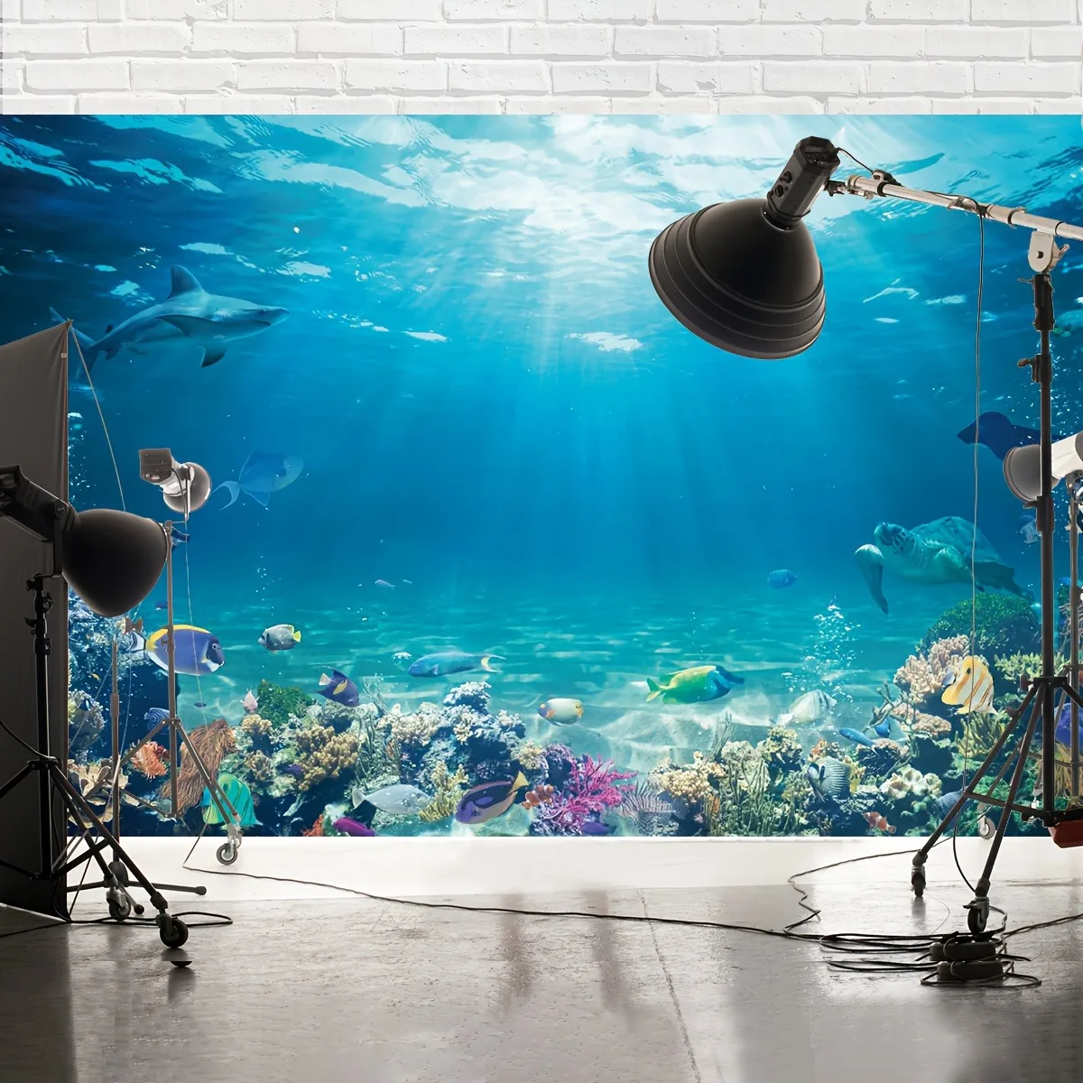 2D Flat, Underwater World Tapestry Sharks Fish Coral Reef Marine Life Oceanic Beauty Living Room Wall Mural