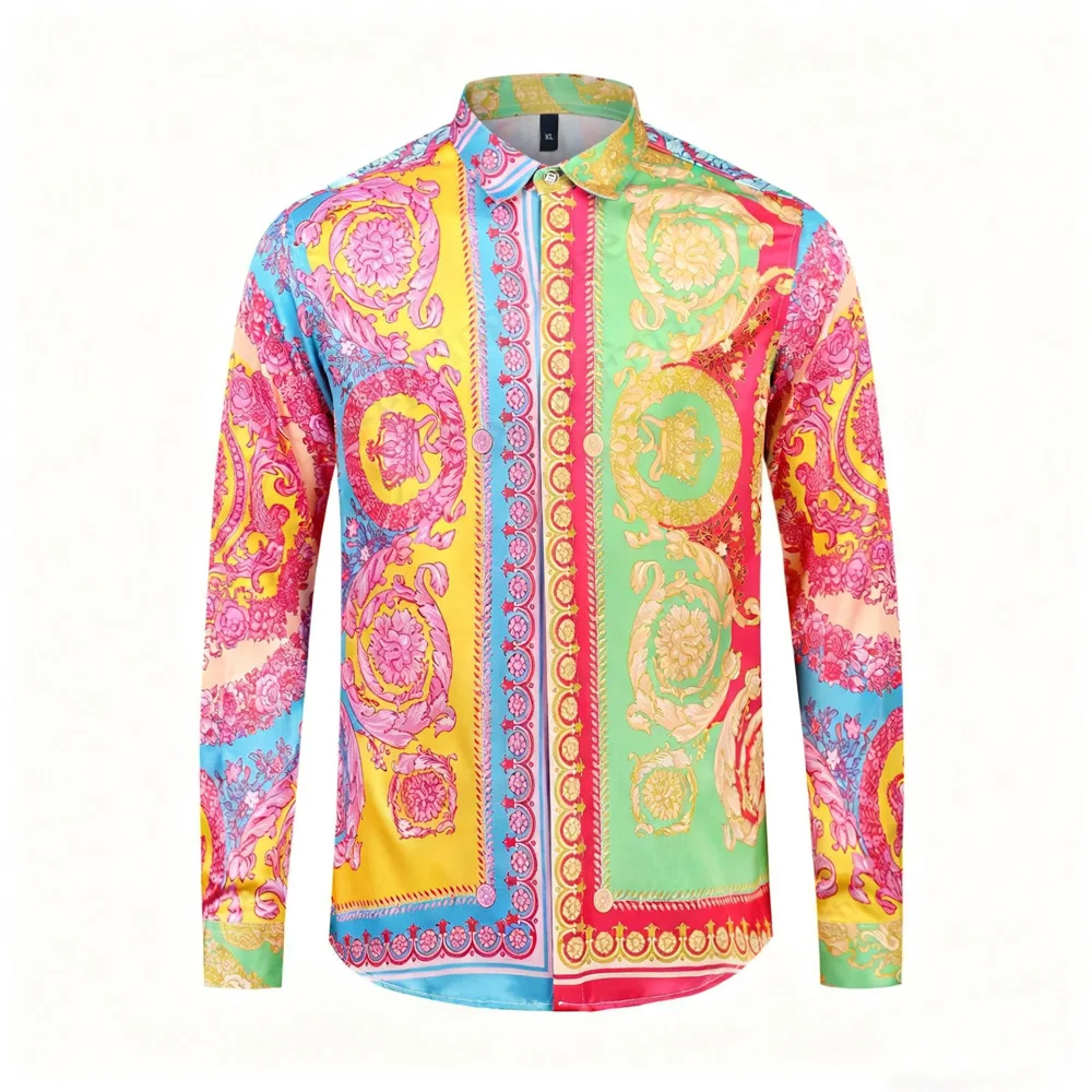 Mens Single-Breasted Casual Business Long Sleeve Shirt European European Palace Pattern Plant Vineman 3d Print Hawaiian Shirt