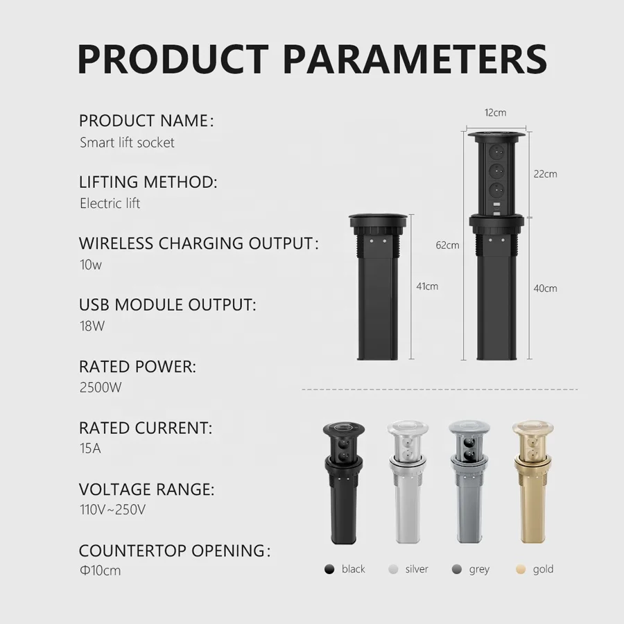 IP44 Waterproof Smart Switches and Sockets Round 10W Wireless Charger French Motorized Kitchen Desk Pop up Power Socket