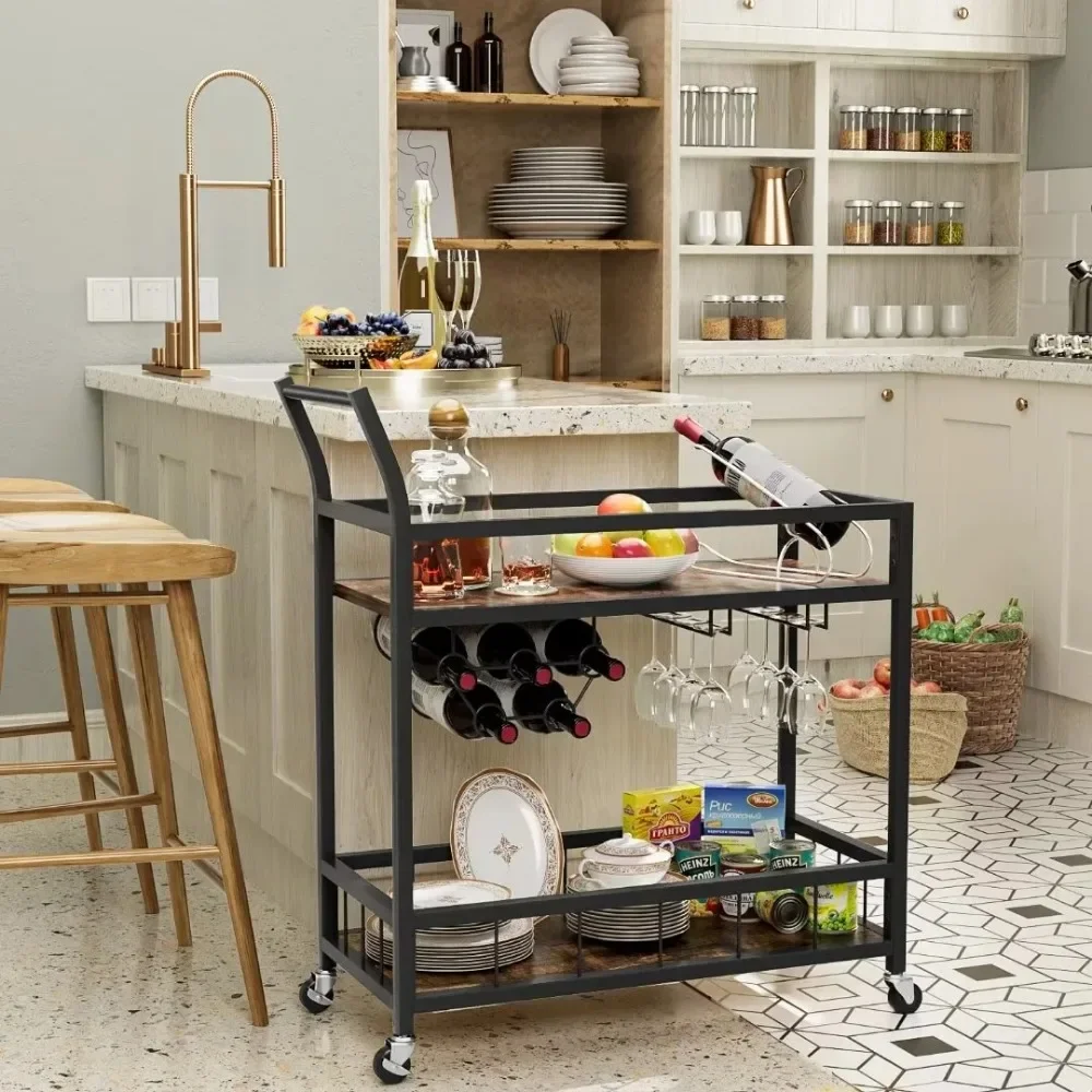 Home Industrial Mobile Bar Cart Serving Wine Cart Glass Holder 2 Wood Storage Shelves for Living Room Kitchen Party Black