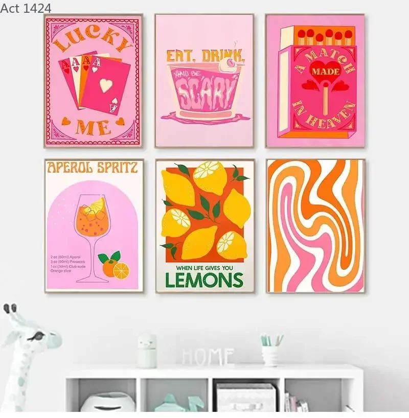 Pink Strawberry Lemon Card Cocktails Drink Posters Retro Canvas Painting Living Room Corridor Wall Art Picture Kitchen Bar De