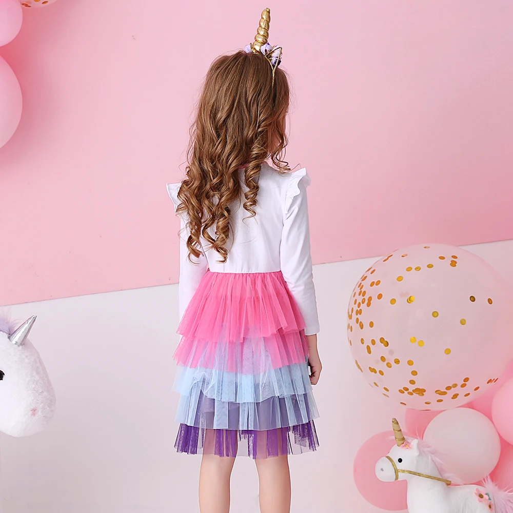 Langarm-Herbst- und Frühlingskleid für Mädchen mit Einhorn-Aufdruck und gestuftem Tüll-Mesh-Tutu-Rock für Kinder, glitzernde Prinzessinnenkleider mit Farbverlauf – Detail 3