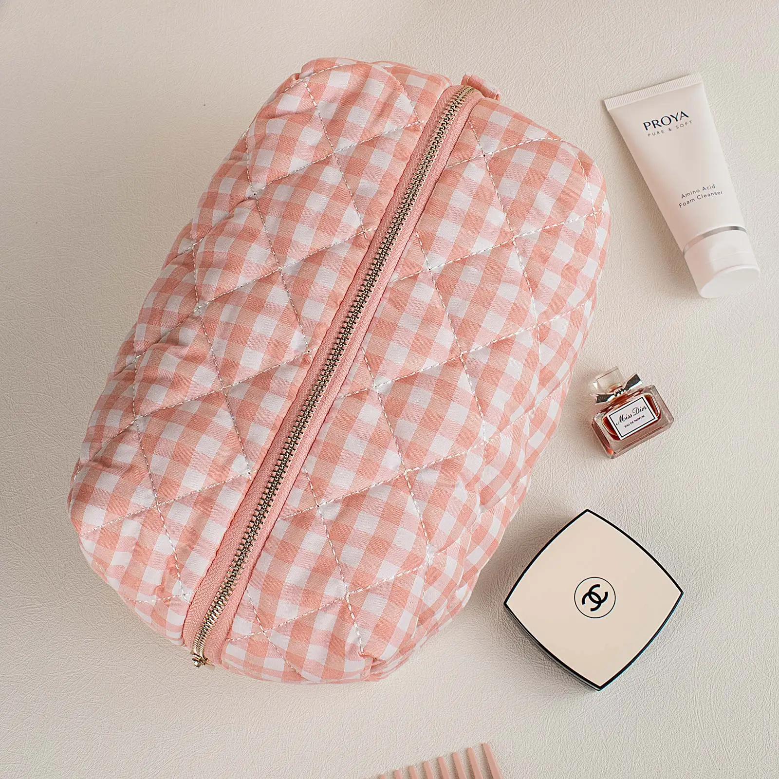 MIROSIE-Pretty Pink Gingham Print Makeup Bag with Zipper, Portable Travel Skincare Storage Pouch, Makeup Organizer, Big Size