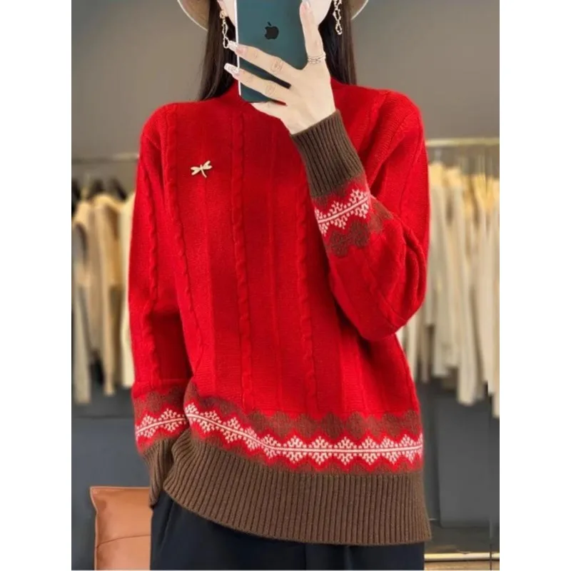 Retro Ethnic Style Jacquard Half-turtleneck Sweater for Women in Autumn and Winter New Loose Inner Layer Base Knitted
