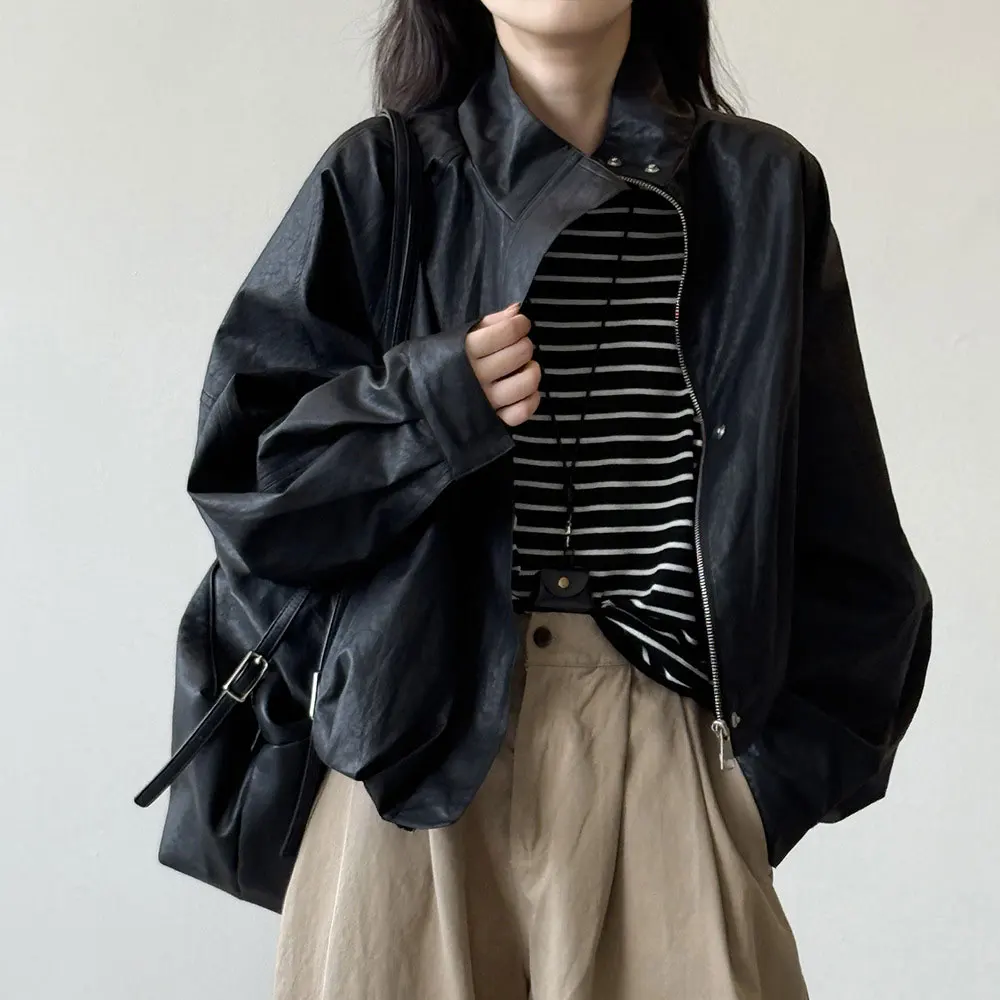 المرأة خمر بولي Leather سترة جلدية معطف الموضة الكلاسيكية الأسود اللون الخريف الربيع سترة باردة فام Casaco Abrigo الشارع الشهير