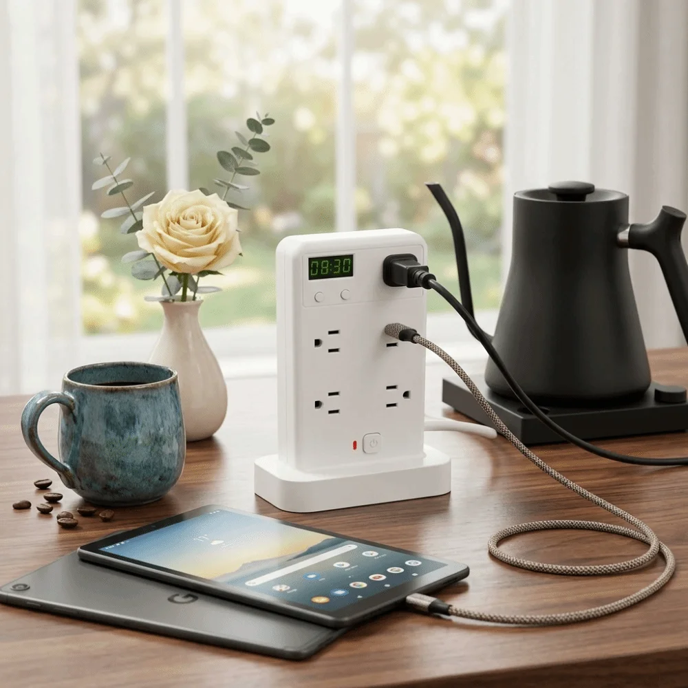 Flame-Retardant ABS Power Strip Tower Pure Copper Conductive 10 AC Outlets Desktop Extension Socket Vertical Tower Design