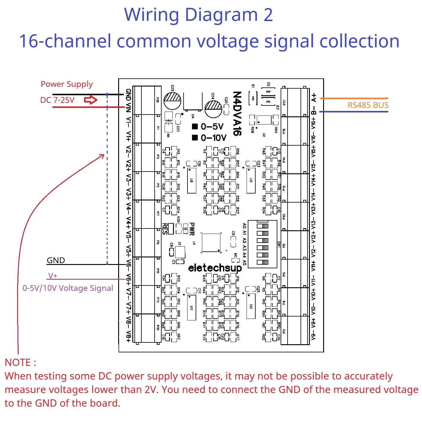 16CH Differential Analog Input Module RS485 Modbus RTU 0-5V 0-10V Voltage Acquisition Module DC 12V 24V for PLC HMI