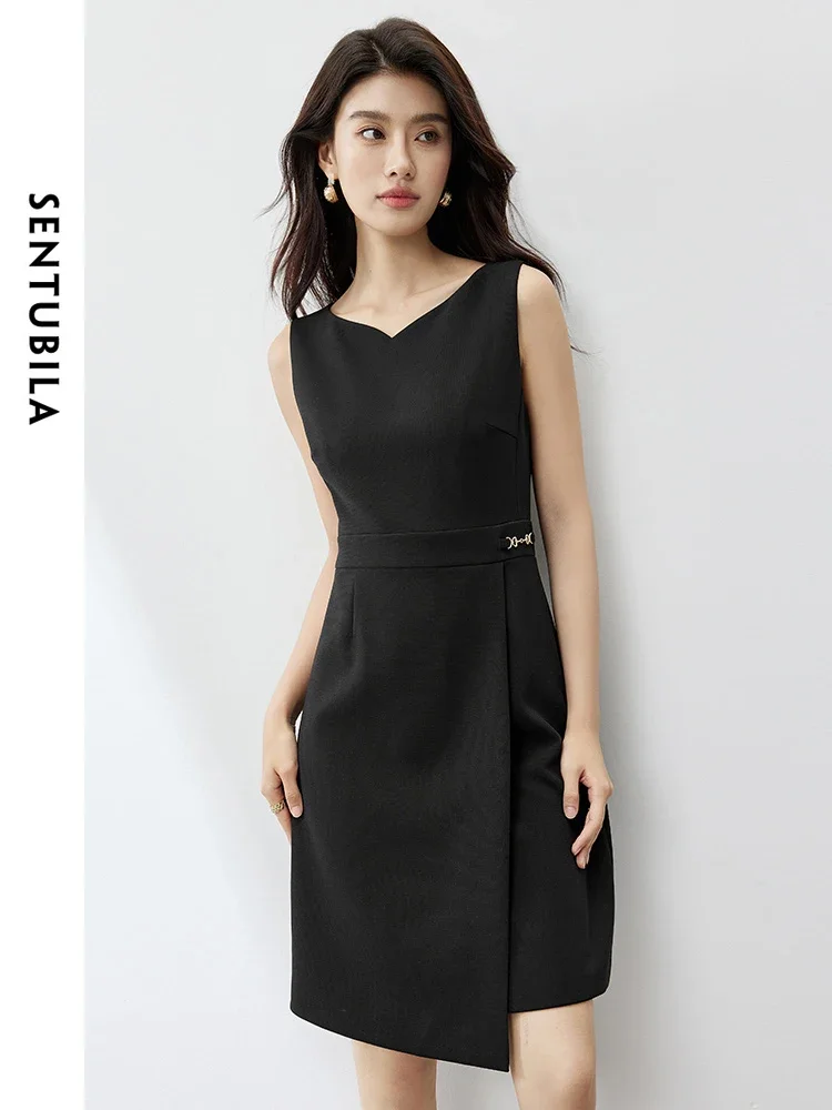 SENTUBILA Asymmetrical Fitted Black Dress for Women 2024 Elegant V Neck Unlined A-line Sleeveless Tank Dress Summer 142L54294