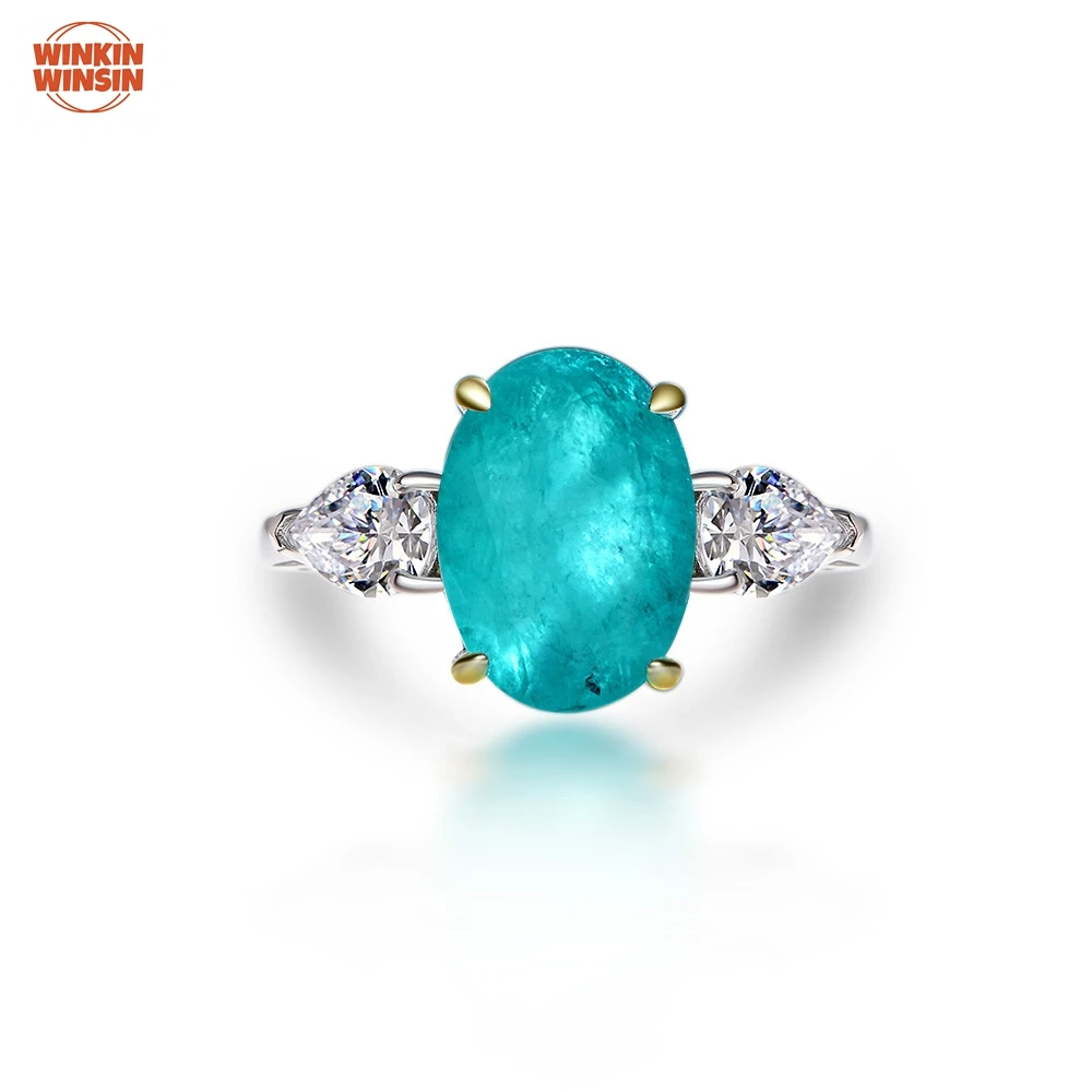 

Winkin Winsin A 5-Carat Silver European and American Egg-Shaped Blue-Green Synthetic Paraiba Ring