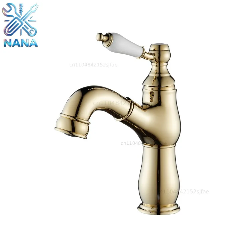 French pull-out faucet Undercounter basin faucet All copper wash basin Hotel bathroom cabinet Ceramic handle Hot and cold faucet